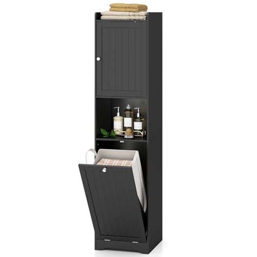 GIANTEX Badezimmerregal mit Wäschekorb, Badschrank mit Verstellbarer Ablage, 48L Wäschesammler, 40 × 40 × 170 cm Schmaler Hochschrank, Aufbewahrungsschrank für Küche & Wohnzimmer (Schwarz) von GIANTEX