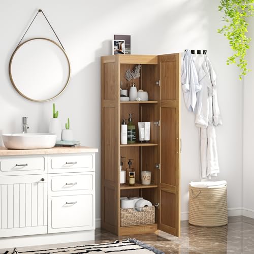 GIANTEX Badezimmerschrank, Hochschrank mit 4 Fächern, 40 x 37,5 x 150 cm schmaler Badschrank mit 1 Tür, freistehender Aufbewahrungsschrank für Badezimmer, Wohnzimmer & Küche, (Natur) von GIANTEX