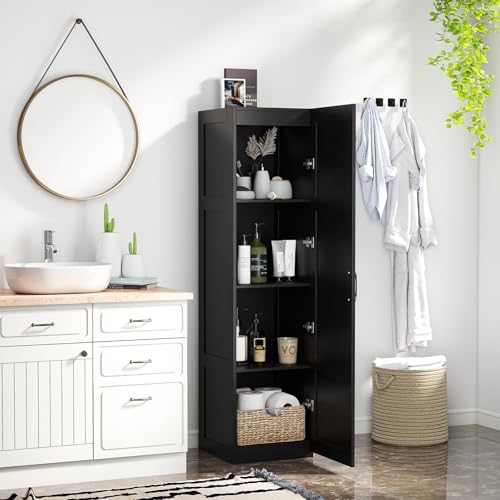 GIANTEX Badezimmerschrank, Hochschrank mit 4 Fächern, 40 x 37,5 x 150 cm schmaler Badschrank mit 1 Tür, freistehender Aufbewahrungsschrank für Badezimmer, Wohnzimmer & Küche, (Schwarz) von GIANTEX