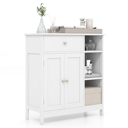 GIANTEX Badezimmerschrank, frehstehender Badschrank mit 1 Schublade, 2 Türen & 3 offenen Regalen, Aufbewahrungsschrank mit Verstellbarer Ablage & Kippschutz (Weiß) von GIANTEX