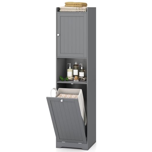 GIANTEX Badezimmerschrank mit Wäschekorb, Badschrank mit Verstellbarer Ablage, 48L Wäschesammler, 40 × 40 × 170 cm Schmaler Hochschrank, Aufbewahrungsschrank für Küche & Wohnzimmer (Grau) von GIANTEX