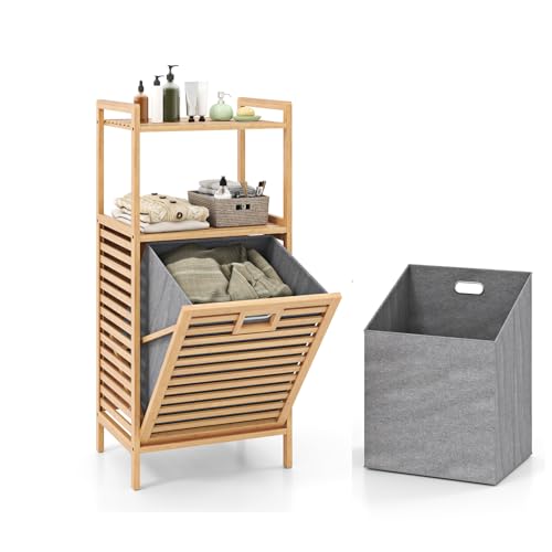 GIANTEX Badregal mit ausklappbarem Wäschesack, Badezimmerregal aus Bambus, Badschrank mit 2 Ablagen, Wäschekorb (43,5 x 33 x 96cm) von GIANTEX