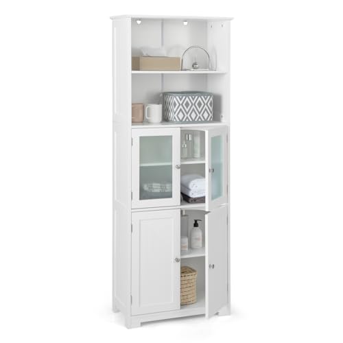 GIANTEX Badschrank, Badezimmerschrank mit Glastüren, Badkommode Aufbewahrungsschrank mit 2 offenen Fächern & Verstellbaren Regalen, Mehrzweckschrank Sideboard Küchenschrank (Weiß) von GIANTEX