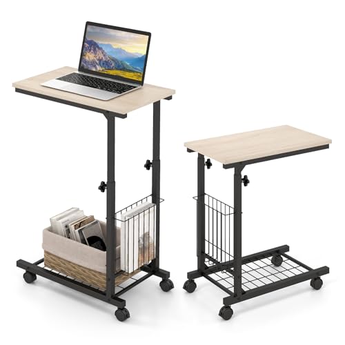 GIANTEX Beistelltisch C-Form, Sofatisch mit Rollen, Laptoptisch Notebooktisch höhenverstellbar, mobiler Kaffeetisch Couchtisch, Pflegetisch Industrie-Design mit Metallgestell, 50 x 30 x 80 cm von GIANTEX