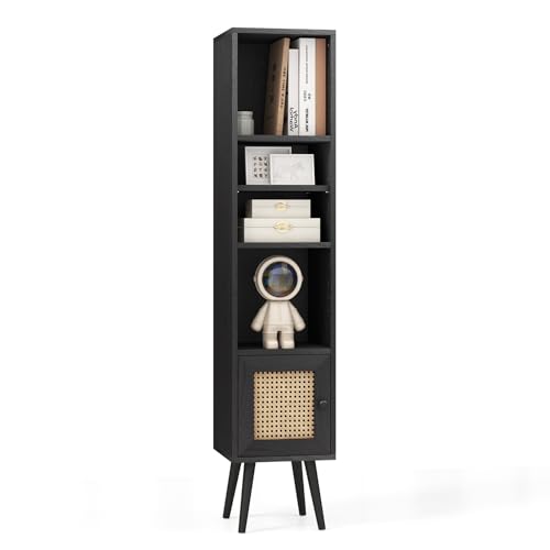 GIANTEX Bücherregal, schmaler Beistellschrank mit 4 Ebenen & Tür, Standregal für Wohnzimmer & Homeoffice, offenes Aufbewahrungsregal 29,5 x 29,5 x 137 cm (Schwarz) von GIANTEX