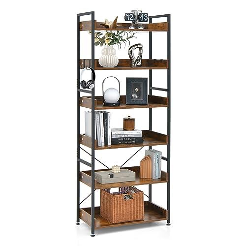 GIANTEX Bücherregal 6 Ebenen, Standregal Lagerregal mit 4 Haken, Aufbewahrungsregal Industrial aus Holz & Metall, Anstellregal Ausstellungsregal freistehend für Wohnzimmer Arbeitszimmer, 69x34x177 cm von GIANTEX