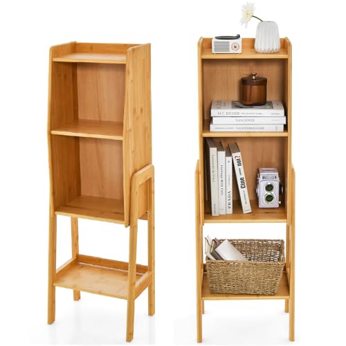 GIANTEX Bücherregal Bambus, Standregal 4 Ebenen mit erhöhtem Rand, Aktenregal Ausstellungsregal freistehend, Holzregal Allzweckregal für Wohnzimmer Schlafzimmer, Natur, 37x26,5x113 cm von GIANTEX