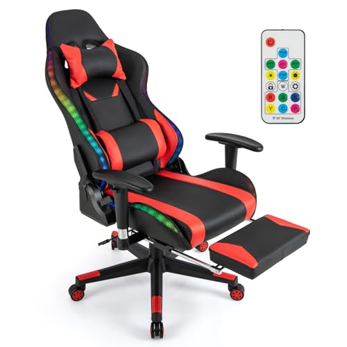 GIANTEX Bürostuhl Gaming Stuhl um 360° drehbar, Computerstuhl mit Einstellbarer Rückenlehne, Schreibtischstuhl höhenverstellbar, Drehstuhl PC Gamer Stuhl, Racing Stuhl mit LED Beleuchtung (Red) von GIANTEX