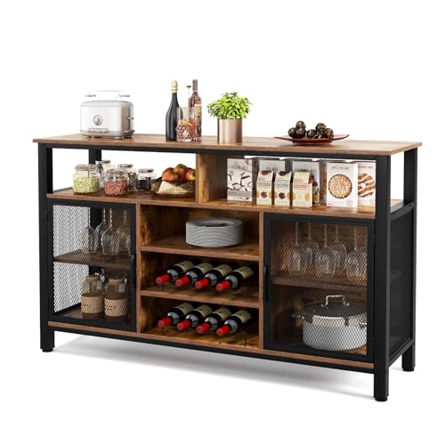 GIANTEX Buffet-Sideboard, Küchenschrank mit Flaschenhalter und Getränkehalter, TV-Ständer für Fernseher bis zu 60 Zoll mit 2 Schränken mit Tür, 3 Einlegeböden und 2 offenen Fächern, Schwarz/Grau von GIANTEX