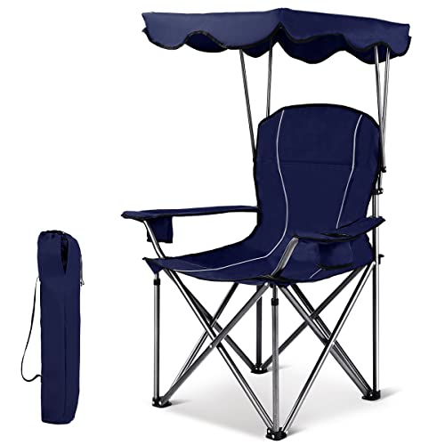 GIANTEX Campingstuhl klappbar mit Sonnendach, Klappstuhl Angelstuhl mit Armlehne und Getränkehalter, Faltstuhl in Tragtasche, Anglerstuhl praktisch robust leicht Outdoor Stuhl (blau) von GIANTEX