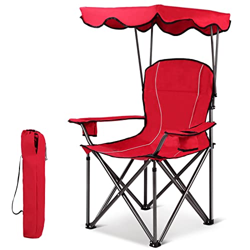 GIANTEX Campingstuhl klappbar mit Sonnendach, Klappstuhl Angelstuhl mit Armlehne und Getränkehalter, Faltstuhl in Tragtasche, Anglerstuhl praktisch robust leicht Outdoor Stuhl (rot) von GIANTEX