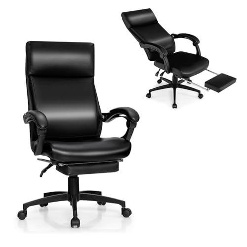 GIANTEX Chefsessel Bürostuhl höhenverstellbar, Drehstuhl mit Kopfstütze & einziehbarer Fußstütze, Schreibtischstuhl ergonomisch mit einstellbarer Rückenlehne, Chefstuhl Gaming Stuhl Kunstleder Schwarz von GIANTEX