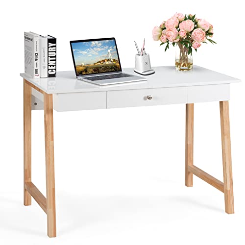 GIANTEX Computer-Schreibtisch mit 1 Schublade aus Holz, große Tischplatte, Beine aus Massivholz, ideal für Arbeitszimmer und Büro, moderner Stil, 106,5 x 50 x 75,5 cm (Natur) von GIANTEX