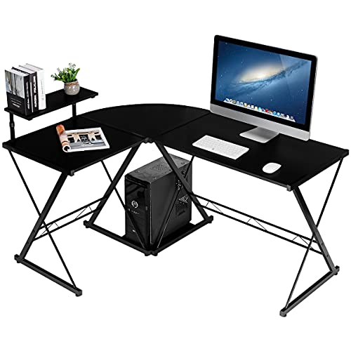 GIANTEX Computertisch L-Form, Schreibtisch Eckschreibtisch PC-Tisch mit Monitorständer & Ablagefach, Computerschreibtisch im Retro-Stil, Winkelschreibtisch Bürotisch Ecktisch für Büro (Schwarz) von GIANTEX