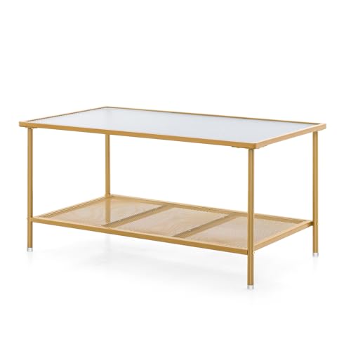 GIANTEX Couchtisch, rechteckiger Couchtisch mit 2 Ebenen, eleganter Couchtisch aus gehärtetem Glas, ideal für Schlafzimmer, Wohnzimmer und Wohnzimmer, 90 x 50 x 46 cm, Gold von GIANTEX