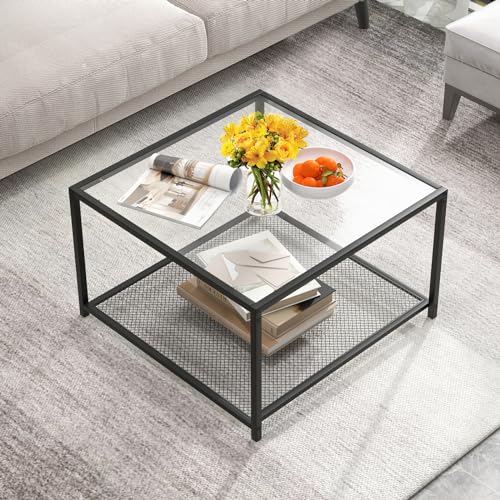 GIANTEX Couchtisch Glas Metall, Glastisch Kaffeetisch Teetisch 2 Ebenen, Wohnzimmertisch mit Hartglasplatte & Netzregal, Moderner Sofatisch mit verstellbaren Schutzfüßen, Beistelltisch für Wohnzimmer von GIANTEX