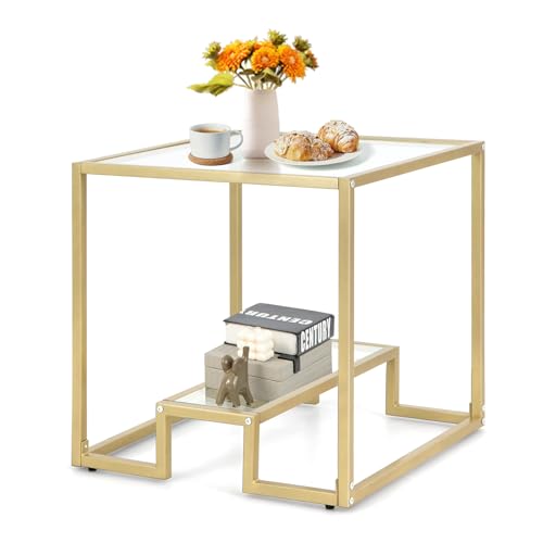 GIANTEX Couchtisch Gold Glas Quadratisch, Glastisch Wohnzimmertisch 2 Ebenen aus Hartglas, Kaffeetisch Sofatisch Teetisch mit Metallrahmen, Couchtisch modern 56x56x56,5cm für Wohnzimmer von GIANTEX