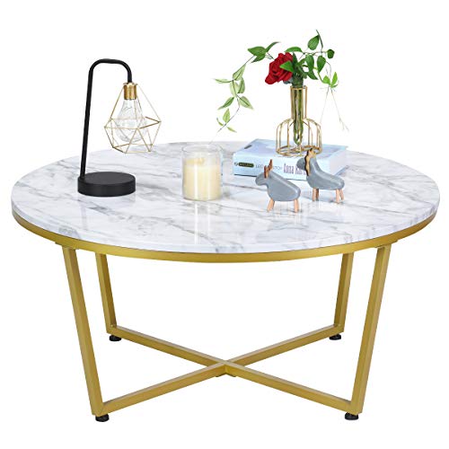 Giantex Couchtisch Marmor Gold, Beistelltisch Marmor Optik rund, Kaffeetisch Sofatisch Wohnzimmertisch Modern Design, Salontisch Satztisch für Wohnzimmer Ø 90 cm von Giantex