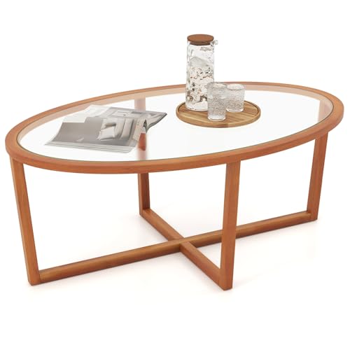 GIANTEX Couchtisch aus Glas und Holz, ovaler Wohnzimmertisch mit Tischplatte aus Hartglas, Rahmen aus Akazienholz, verstellbare Füße, 118 x 71,5 x 47,5 cm, für Wohnzimmer, Schlafzimmer, Büro GIANTEX Couchtisch aus Glas und Holz, ovaler Wohnzimmertisch mit Tischplatte aus Hartglas, Rahmen aus Akazienholz, verstellbare Füße, 118 x 71,5 x 47,5 cm, für Wohnzimmer, Schlafzimmer, Büro von GIANTEX