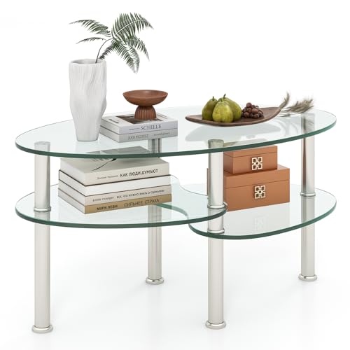 GIANTEX Couchtisch aus gehärtetem Glas, ovaler Beistelltisch mit 3 Glas-Ablagen & Edelstahlbeinen mit Fußpolstern, eleganter Wohnzimmertisch für Büro & Zuhause, 89 × 49× 45 cm (Transparent) von GIANTEX