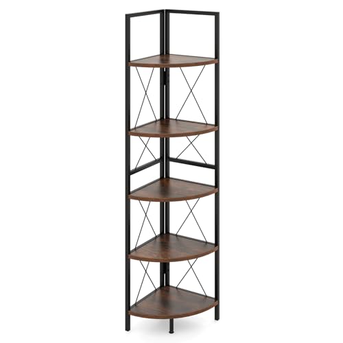GIANTEX Eckregal mit 5 Ebenen, Industrielles Regal mit Struktur, Mehrzweck-Aufbewahrungseinheit für Wohnzimmer, Schlafzimmer und Küche, Braun/Grau (Braun) von GIANTEX