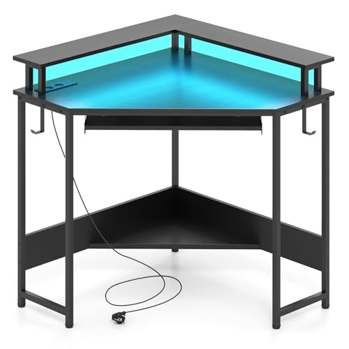 GIANTEX Eckschreibtisch, L-förmiger Computertisch mit mehrfarbiger LED & Ladestation, Schreibtisch mit Monitorständer & verstellbare Tastaturablage, Arbeitstisch für Zuhause & Büro (Schwarz) von GIANTEX