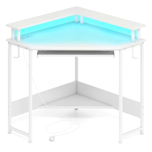 GIANTEX Eckschreibtisch, L-förmiger Computertisch mit mehrfarbiger LED & Ladestation, Schreibtisch mit Monitorständer & verstellbare Tastaturablage, Arbeitstisch für Zuhause & Büro (Weiß) von GIANTEX
