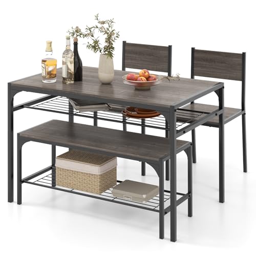 GIANTEX Esstisch-Set für 4 Personen, rechteckiger Tisch mit 2 Stühlen, 1 Bank, Regal, robuster Metallrahmen, 4-teiliges Esstisch-Set, Esszimmer, Küche (Grau), NF88000 von GIANTEX