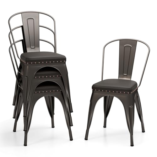 GIANTEX Esszimmerstühle 4er Set stapelbar, Küchenstühle Bistrostühle mit Abnehmbarer Rückenlehne, Wohnzimmerstühle gepolstert, Essstühle Metallstühle 150 kg Belastbar, 44x53x84 cm (Bronze Braun) von GIANTEX