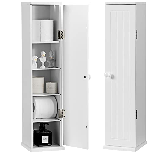 GIANTEX Freistehend Toilettenpapier Schrank weiß, Toilettenschrank Toilettenpapierhalter mit 5 Fächern & 3 abnehmbaren Regalen & Taschentuchbox, Badezimmerschrank Badschrank Standschrank Seitenschrank von Giantex