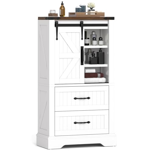 GIANTEX Freistehender Badezimmerschrank, Aufbewahrungsschrank mit Schiebetür, 2 Schubladen & verstellbare Einlegeböden, Lagerschrank im Scheunenstil, für Wohnzimmer, Flur, Küche, 59 x 29 x 105 cm von GIANTEX