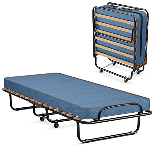 GIANTEX Gästebett klappbar, Klappbett 80x190cm Erwachsene, Einzelbett mit Matratze aus Memory-Schaum, Reisebett mit 4 Rollen, klappbares Bett Faltbett Metallbett Metallrahmen 130 kg belastbar (Blau) von GIANTEX