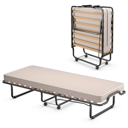 Giantex Gästebett klappbar, Klappbett 80x200 cm Erwachsene, Reisebett inkl. Matratze aus Memory-Schaum, Einzelbett mit 4 Rollen, klappbares Bett Faltbett Metallbett Metallrahmen bis 120 kg belastbar von Giantex