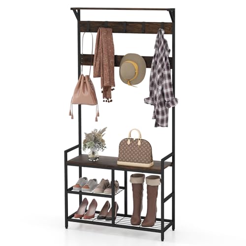 GIANTEX Garderobenständer 3 in 1 mit Schuhregal, Kleiderständer mit Schuhbank, Garderobe 3 Ebenen mit 9 abnehmbaren Haken, Flurgarderobe Industrie mit Metallrahmen, Multifunktionaler Mantelständer von GIANTEX