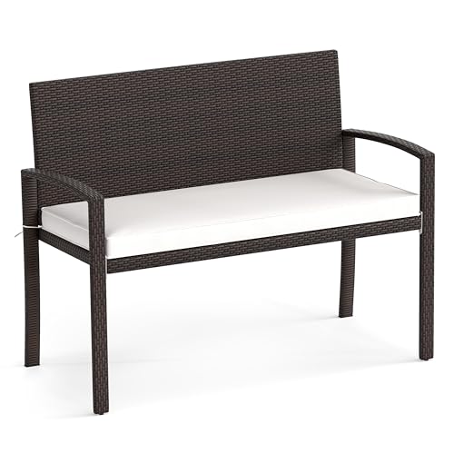 GIANTEX Gartenbank Rattan mit Auflage, Sitzbank Outdoor wetterfest, Balkonbank für 2 Personen, Terrassenbank Parkbank mit Rückenlehne & Armlehnen, Bank Outdoor bis 360 kg belastbar, 110 x 56 x 84 cm von GIANTEX