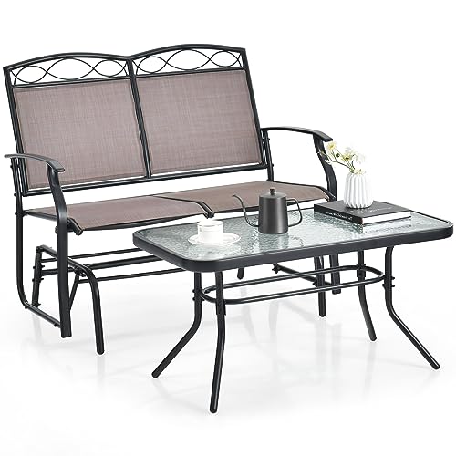 GIANTEX Gartenbank Schaukelbank 2 Sitzer mit Couchtisch, Gartenschaukel Sitzbank Metall & Textilene, 2er Set Gartenmöbel Balkonmöbel Set Balkonset Schaukel Bank Garten, Gartengarnitur Sitzgruppe von GIANTEX