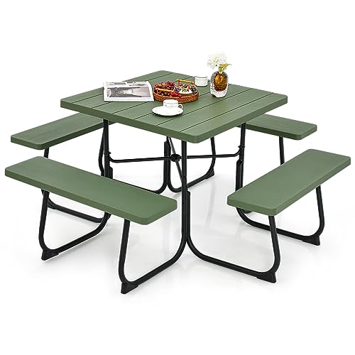 GIANTEX Gartenmöbel Picknicktisch Set 8 Personen, Bierzeltgarnitur Gartentisch mit 4 Bänken, Biertisch mit Schirmloch, Garten Sitzgruppe wetterfest aus HDPE, Biertischgarnitur (Grün) von GIANTEX