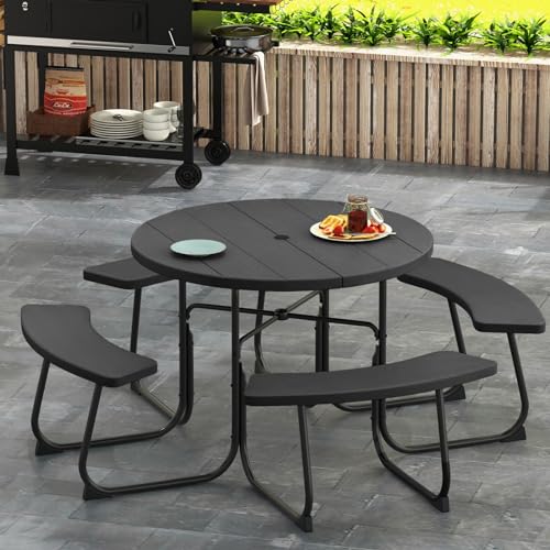 GIANTEX Gartenmöbel Picknicktisch Set 8 Personen, Bierzeltgarnitur Runder Gartentisch mit 4 Bänken, Biertisch mit Schirmloch, Garten Sitzgruppe wetterfest aus HDPE, Bierbankgarnitur Biertischgarnitur GIANTEX Gartenmöbel Picknicktisch Set 8 Personen, Bierzeltgarnitur Runder Gartentisch mit 4 Bänken, Biertisch mit Schirmloch, Garten Sitzgruppe wetterfest aus HDPE, Bierbankgarnitur Biertischgarnitur von GIANTEX