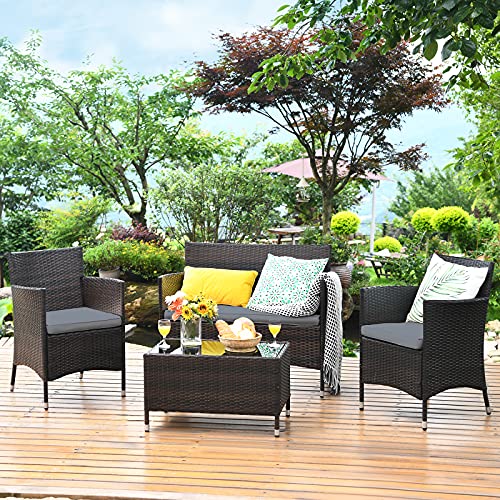 Giantex Gartenlounge Outdoor Möbelsets, Garten Lounge Set Rattan Gartenmöbel, Sitzgruppe 4 Personen Tisch 2 Stühle Sitzbank, mit Sitzkissen, Balkonmöbel Kleiner Balkon, Sitzgarnitur Frei kombinierbar von Giantex