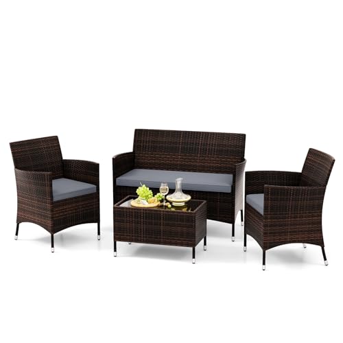 GIANTEX Gartenlounge Outdoor Möbelsets, Garten Lounge Set Rattan Gartenmöbel, Sitzgruppe 4 Personen Tisch 2 Stühle Sitzbank, mit Sitzkissen, Balkonmöbel Kleiner Balkon, Sitzgarnitur Frei kombinierbar von GIANTEX