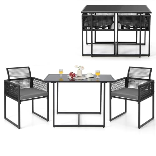 GIANTEX Gartenmöbel-Set, 3-teilig, 2 Stühle aus geflochtenem Rattan mit klappbarer Rückenlehne und Kissen, rechteckiges Tisch-Set für Terrasse, Garten und Balkon von GIANTEX