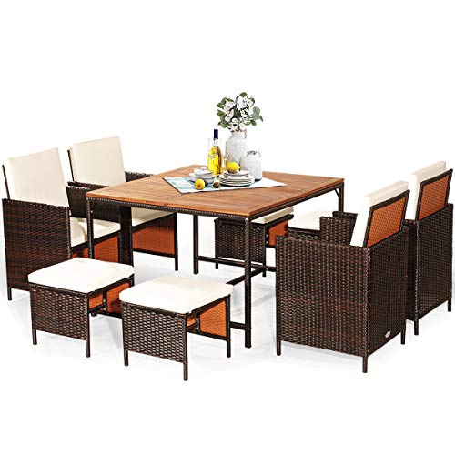 GIANTEX Gartenmöbel Set 8 Stühle mit Tisch, 9er Set Rattan Lounge Möbel Outdoor, Balkonmöbel Set mit Balkontisch, 4 Stühle & 4 Hocker zusammenschiebbar, Terrassenmöbel Sitzgruppe Sitzgarnitur Garten von GIANTEX