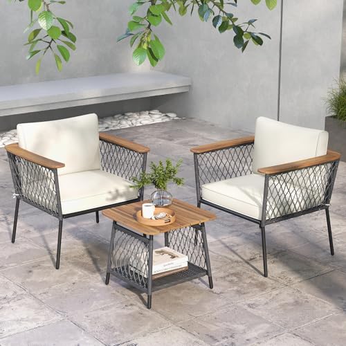 GIANTEX Gartenmöbel Set Rattan, Balkonmöbel 2 Personen, Terrassenmöbel Outdoor, 3 TLG. Garten Sitzgruppe 2 Sessel mit Tisch, Gartengarnitur Sitzgarnitur mit Kissen, Balkon Möbel für Kleinen Balkon von GIANTEX