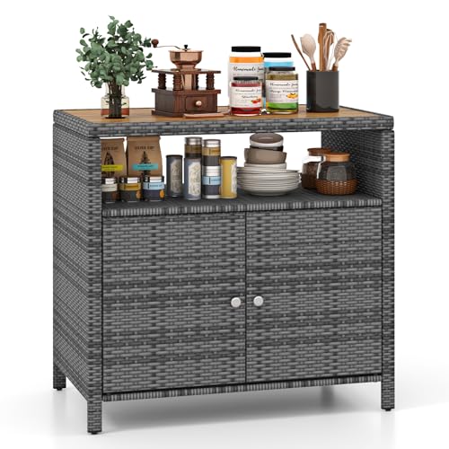 GIANTEX Gartenschrank, Rattan-Buffetschrank Outdoor, Aufbewahrungsschrank mit Arbeitsplatte & Regal, Beistellschrank für Garten, Balkon & Pool, 90 x 53 x 86 cm (Grau) von GIANTEX