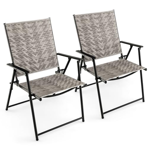 GIANTEX Gartenstühle Rattan 2er Set, Klappstuhl Balkonstuhl Ergonomisch mit Armlehnen, Hochlehner Gartenstuhl klappbar, Terrassenstuhl Garten Essstuhl bis 160 kg belastbar, für Garten Balkon Terrasse von GIANTEX