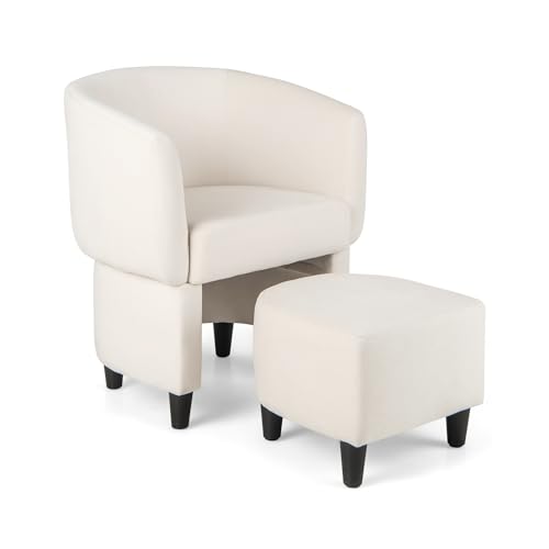 GIANTEX Gepolsterter Sessel mit Fußhocker, moderner Loungesessel mit Massivholzrahmen & ergonomischer Rückenlehne & weicher Sitzfläche & rutschfesten Füßen, für Wohnzimmer, Schlafzimmer (Beige) von GIANTEX