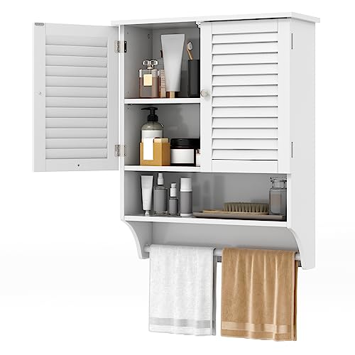 GIANTEX Hängeschrank Bad, Badezimmerschrank hängend Holz 3 Ablagefach, Badschrank mit Handtuchhalter & verstellbarem Einlegeboden, Wandschrank mit Jalousie Tür, Badhängeschrank 60x22x75 cm (Weiß) von GIANTEX