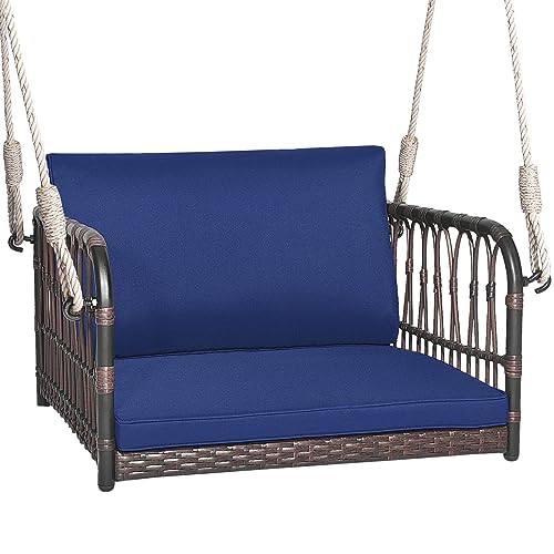 GIANTEX Hängesessel Outdoor, Hängestuhl aus Rattan & Metallrahmen, Hängesitz mit Armlehnen & Sitz- & Rückenkissen, Schaukelsessel Schaukelstuhl Hängend mit Hängeseilen (78x62x38 cm,Marineblau) von GIANTEX