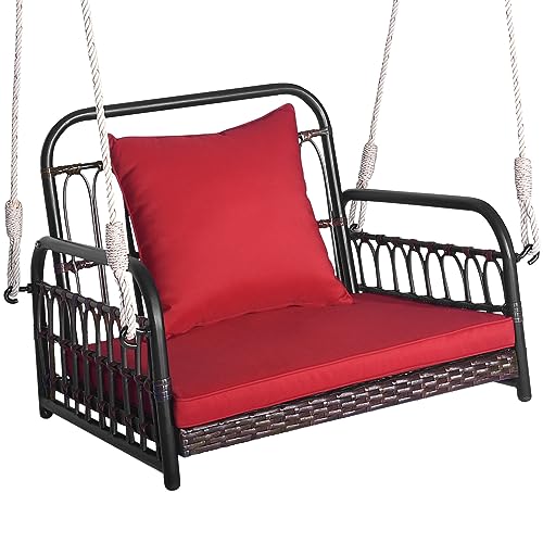 GIANTEX Hängesessel Outdoor, Hängestuhl aus Rattan & Metallrahmen, Hängesitz mit Armlehnen & Sitz- & Rückenkissen, Schaukelsessel Schaukelstuhl Hängend mit Hängeseilen (80x65x58 cm,Rot) von GIANTEX