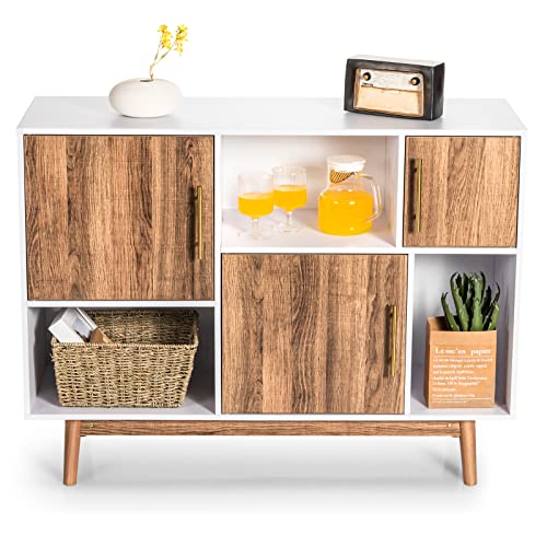 GIANTEX Holz Aufbewahrungsschrank Sideboard, Wohnzimmerschrank Buffetschrank 6 Fächern & 3 Türen, Beistellschrank Seitenschrank Modern, freistehender Akzentschrank Kommode (Weiß+Natur) von GIANTEX